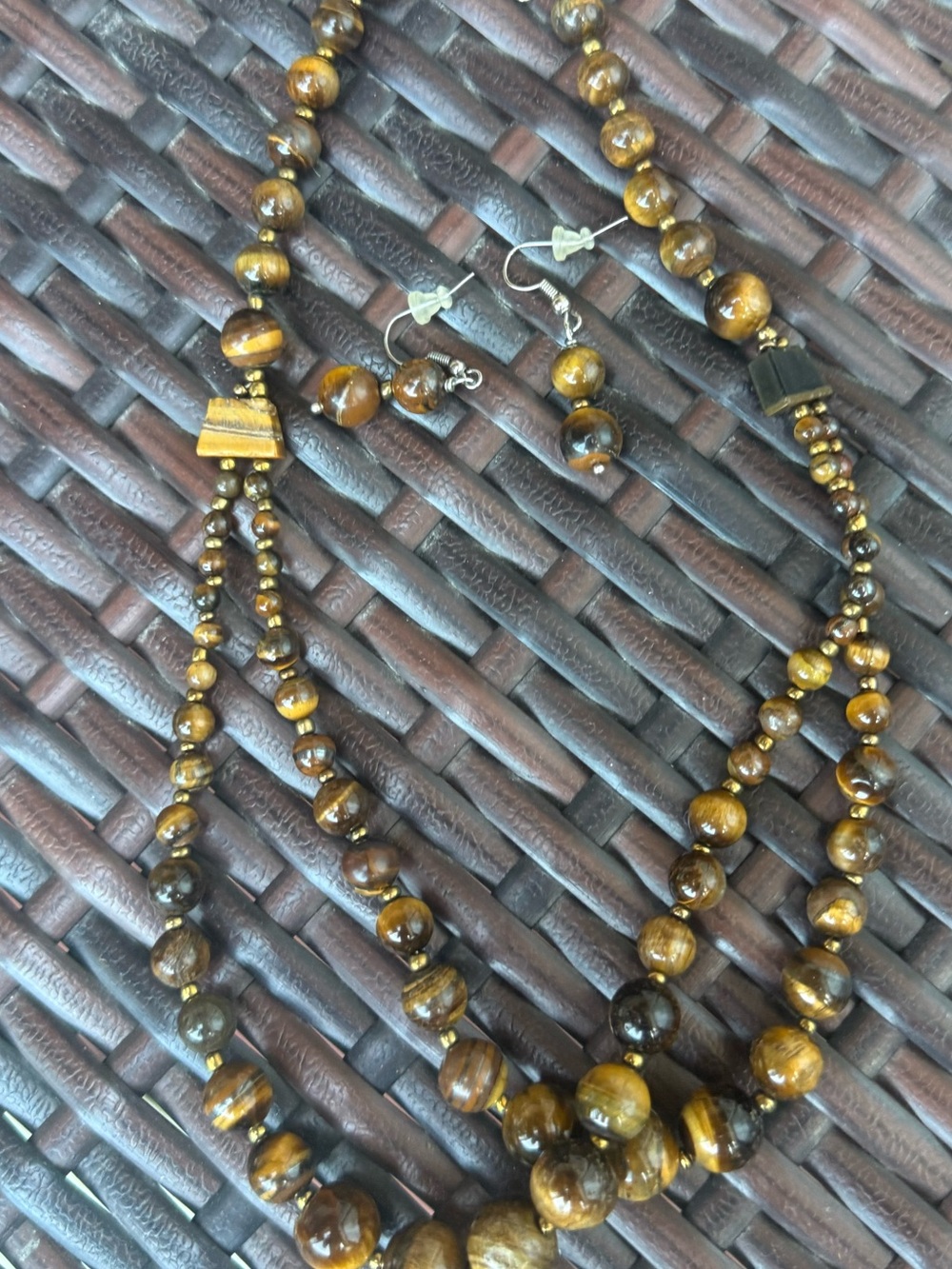 Vintage Tiger Eye Beaded Necklace and Earrings Set - Brown